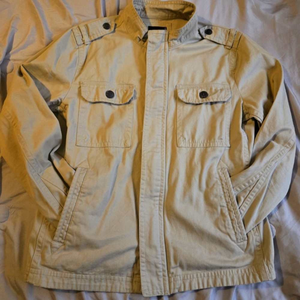 Forever 21 Men Utility Military Jacket Khaki Tan Cotton Full Zip Large